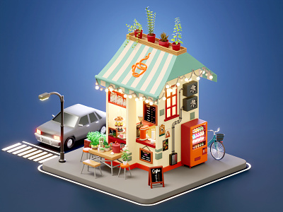 The Street Shop series: The corner of a coffee shop 2023 3d 3d illustration airconditioner bag banner bicycles blender car chairs coffee coffee shop design illustration lightbulb plants shop table trees vending machine