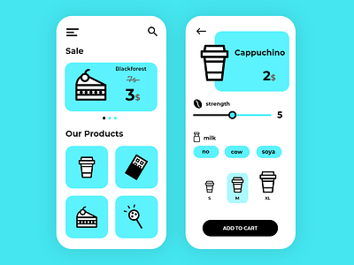 Cafe shop app adobexd blue cake clean coffee design flat food icon illustration interface ios iphone minimal mobile shop ui ux vector web