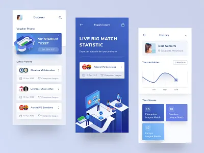 Football ticketing app android app blue branding card chart clean dashboard design football app illustration ios isometric landing menu mobile onboarding ui ux website