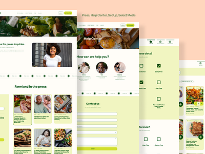 Farmland (Press, Help Center, Set Up, Select Meals pages) austin contact design design inspiration design inspo engaging design farm to table flat design green website meal service minimal product design subscription service ui ui ux ux web web design website