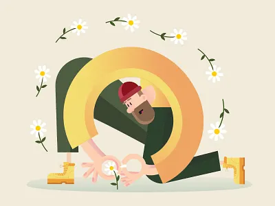 Mister Spring character daisies flower hipster illustration man picking spring vector