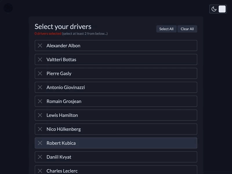 Select Interaction animation codepen component css formula 1 html interaction javascript night mode responsive select toggle ui ux