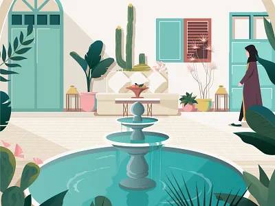 Bahraini Courtyard House arab architecture bahrain building courtyard garden house illustration nature park vector