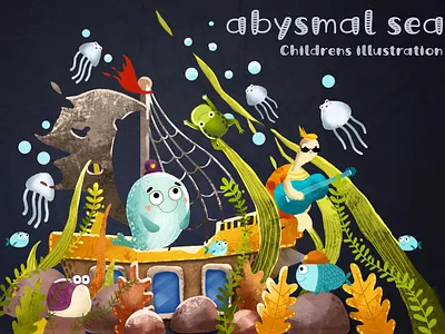 Childrens illustration aquatic weed childrens illustration fish illustration ocean sea tortoise whale