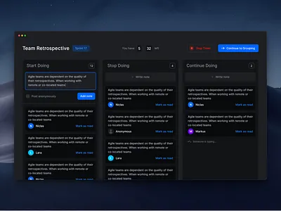 Team Retrospective Dark Mode agile clean dark mode distributed teams engineering interface design mac app macos minimal retro retrospective scrum software software design team uiux
