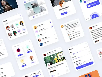 Social UI Kit 📏 • Freebie + 2 Dribbble Invites app design article avatars components figma filters follow freebie gallery instagram invite invite friends invites iosdesign messages mobile profile screens social uikit