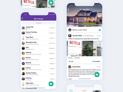 Social Feeds - Group Chat chat client customer data detail feeds flat groups iphonex list list view minimal post purple service social status table ui ux