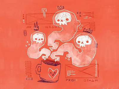 Coffee or Die blake stevenson character design coffee crown cute editorial illustration ghost heart hipster illustration jetpacks and rollerskates mug raw scribble skull street art ui ux