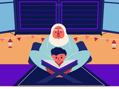 Granny time arab arab clothes arab wear character design child children grandma grandmother home illustration muslim old and new old house quraan ramadan ramadan kareem read religion vintage window