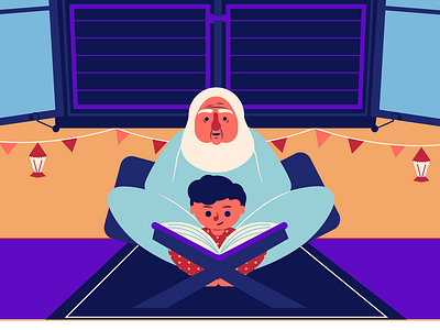 Granny time arab arab clothes arab wear character design child children grandma grandmother home illustration muslim old and new old house quraan ramadan ramadan kareem read religion vintage window
