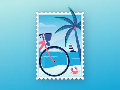 Beach Stamp beach bicycle crab illustration illustrator landscape miguelcm palm retrosupply scene sea stamp