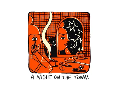 NIGHT OUT animal candle cat eye girl illustration joint life makeup mirror moon night party ready reflect room smoke snail star woman