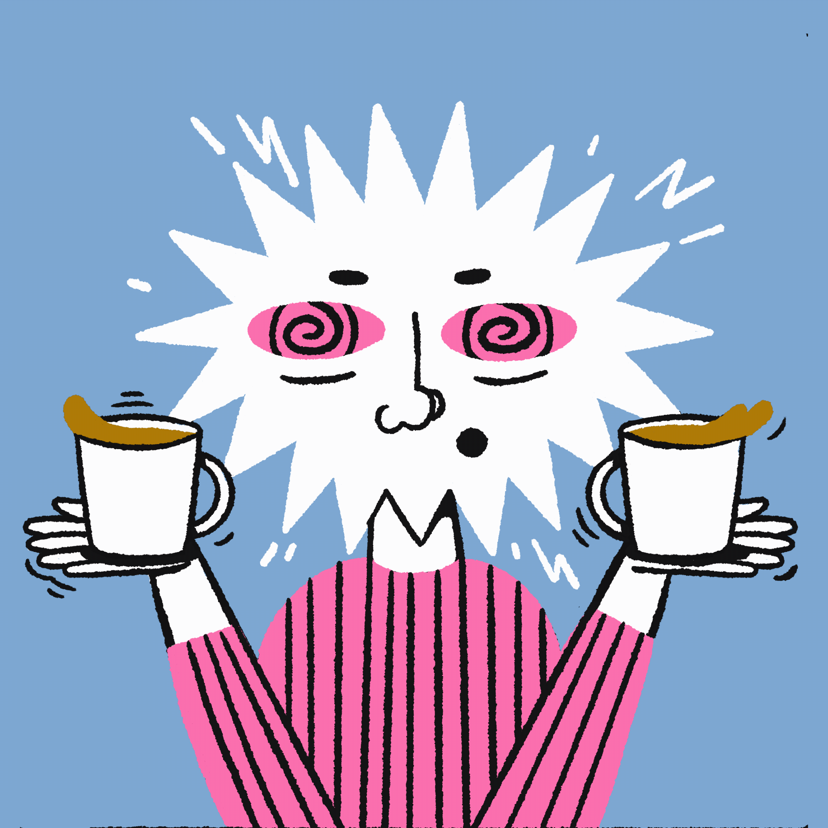 Buzzed animation buzzed caffine coffee crazy eyes face funny gif hands human jittery loop mug person portrait procreate spike sweater swirl