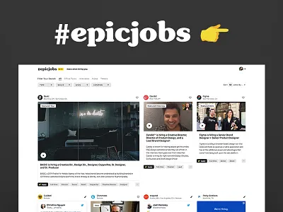 Epic Jobs - Know who's hiring you emoji epic hand homepage interface job board jobs office tour opportunities tweet twitter ui video website