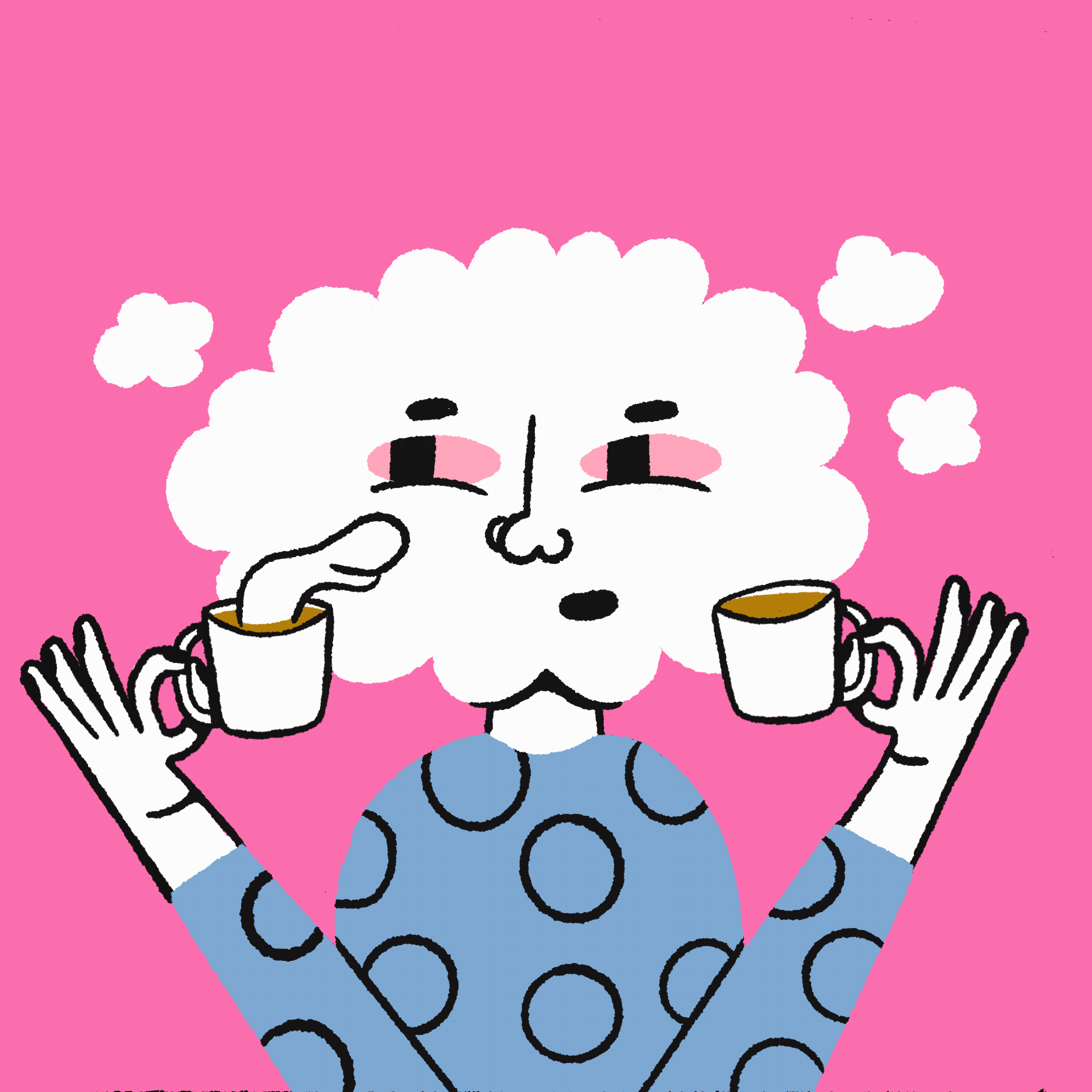 Chill buzz buzzed caffine chill cloud coffee dose drink eyes face float hands happy illustration look micro mug peace person smile
