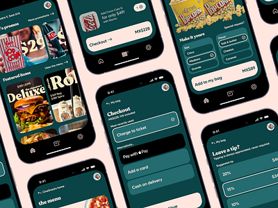 CineSnacks—cinema dining iOS app app apple cart checkout cinema concept delivery design dining doordash food grubhub ios iphone menu mobile ordering rappi ui ux