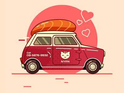 Sushimini auto car challenge delivery design febrally flat illustration japan racing sushi vector