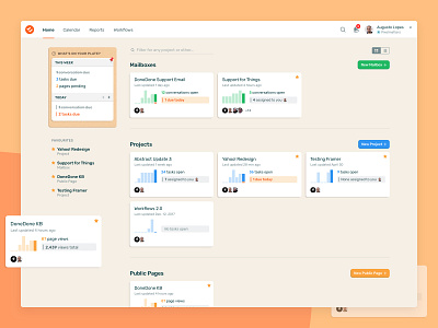 DoneDone 2 • Home analytics animation app cards dashboard dropdown fun interaction notes overview pastel product search statistics stats toggle webapp