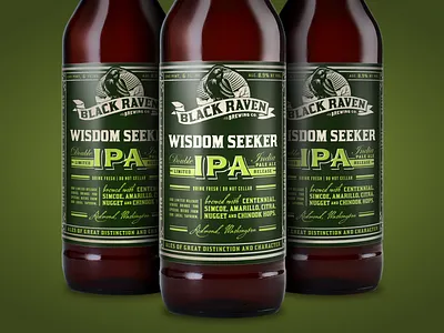 Wisdom Seeker - Black Raven Brewing Co. beer black bottle craft beer green hoppy ipa package design packaging raven wisdom