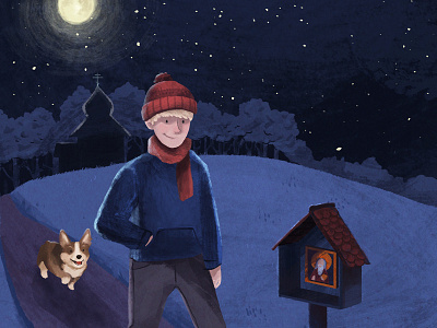 Book And The Barn Cover Illustration book cover boy childrens book childrens book illustration christian christianity church corgi illustration night orthodox orthodoxy painting walk