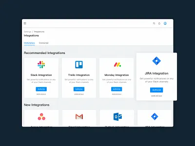 App Integrations Screen app asana blue cloud dashboard design gmail jira minimal monday security slack trello ui ux web white space