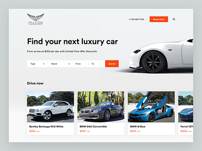 Falcon design concept brand car concept design flat form header landing list luxury page rental reservation search ui website white
