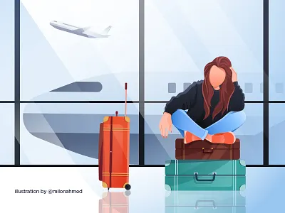 Girl Missed Her Flight Illustration airplane airport airports digital illustration digital illustrations digital illustrator digitalart flight girl illustration illustration art luggage missed opportunity plane sad ui ux vectro illustration waiting web