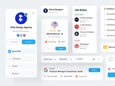 Job Portal - Component Design agency card ui cards career component component ui components design system designsystem elements employee filllo find job hiring job job board job portal ui uiux ux