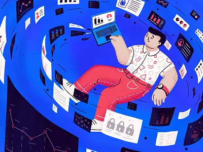Data Access blue blue and red character computer data it laptop man spin tech ui vortex