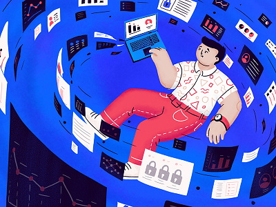Data Access blue blue and red character computer data it laptop man spin tech ui vortex
