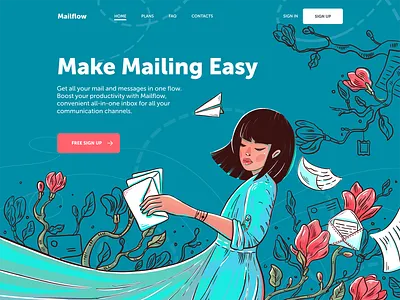 Mail Service Landing Page branding character design design studio digital art digital painting girl graphic design illustration interface landing page letters mail message ui user experience ux web web design website
