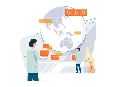 Physical Space Digital Experience - Illustration 1 asia australia cold computer earth futuristic globe hologram illustration laboratory laptop line map pc people scientists simple stroke technology warm