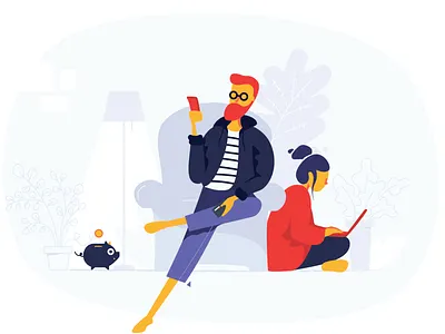 Morning - Scene One alexandre lartique armchair bank chill computer couple daily design digital economy hispter home illustration illustrator man mobile people print vector women