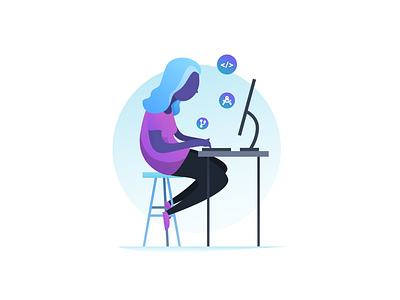Coding Girl bubbles checkin college computer desk event gradient hiring icons illustration ipad job jumpstart recruiting stool wlebovics