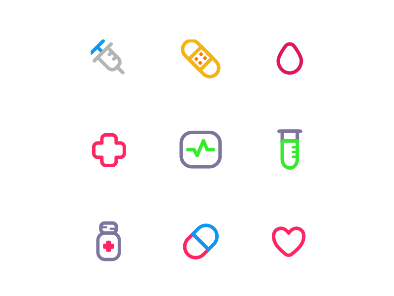Medical Icons Set app bandage blood flat heart hospital icon laboratory med medical minimal outline pack pill set syringe ui ux vector web