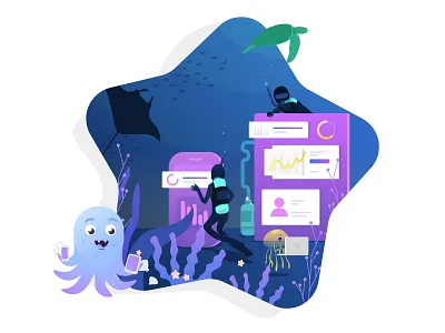 Concept hero Illustration for the Designway website artistmichi beach browser cute design designway dive illustration octopus professional sketch skuba star ui underwater web