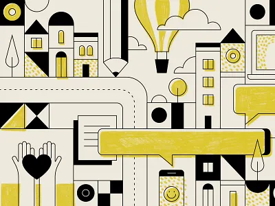 Little city balloon black white buildings city geometric hot air ballon illustration pencil street vector windows yellow