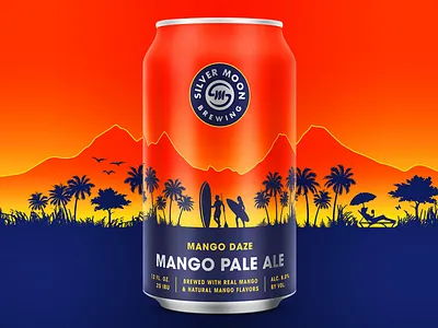 Silver Moon Mango Daze beach beer brewery can craft beer gradient illustration mango package design packaging silhoutte sun surf