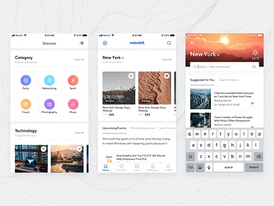 Wevent - Event Mobile App category design discover event exploration explore flow home home page interface ios meetup mobile app mobile application post card search suggestion ui user experience ux