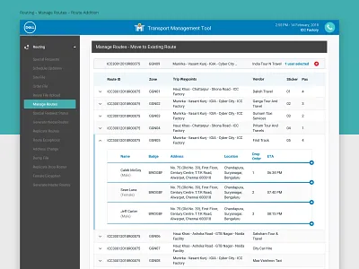 Dell TMT - Manage Routes accordion addition clean dashboard dell design employees flat insert list view management tool passengers request roster routing table transport unlock vehicles web