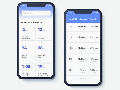 Commuter app arriving blue clean college commute commuter dark departing framerx grid ios ios 12 list list ui mobile schedule sketch ui ux