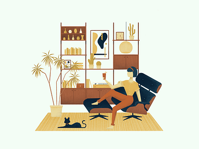 Mid Century Living cat charachter design digitalart digitalartist furniture home illustration interior interior design mid century mid century modern plants procreate retro simplistic