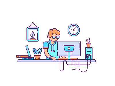 Designer Working On PC designer desk illustration pc pcb person vector workdesk working working class working space