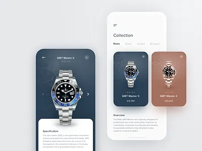 Rolex GMT Master II app app design card ui cards clean ecommerce fashion grid interaction minimalist modern navigation rolex simple simple design stack swiss design watch web white