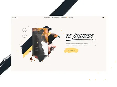 Nura Branding / Hero Section beverage black branding coffee drink ecommerce food graphic design illustration label mockup packaging packaging mockup premium product packaging sleek ui ux webdesign yellow