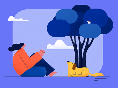 rest dog illustration purple tree woman