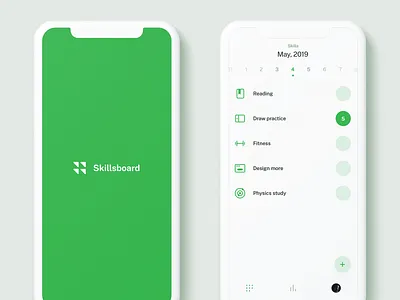 Skillsboard Mobile UI action actions app appui calendar clean green ios list minimal minimalism simple splash swipe swiper tabbar ui uiux ux white