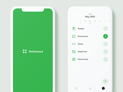 Skillsboard Mobile UI action actions app appui calendar clean green ios list minimal minimalism simple splash swipe swiper tabbar ui uiux ux white