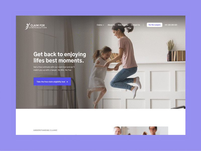 Claims for Compensation accessible calm colourful community compensation corporate easy friendly fun home law legal minimal mockup mockup design ui understanding ux vibrant website