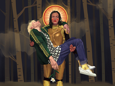 The Dark Forest boy brave broken color couple dark face flowers forest gender girl hair hero illustration knight love portrait saint style tile trees